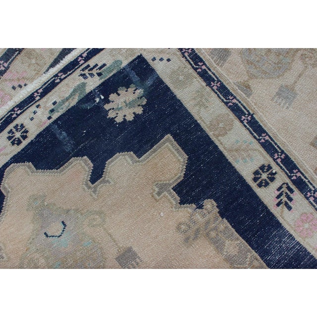 Blue Blue and Cream Medallion Vintage Turkish Hand Knotted Oushak Rug With Tribal Geometric Design For Sale - Image 8 of 9