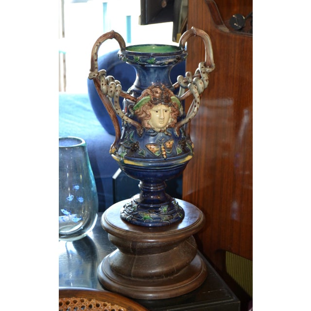 French 19th Century Antique Hand Painted Ceramic Vase Wine Decanter Wooden Riser For Sale In Miami - Image 6 of 13