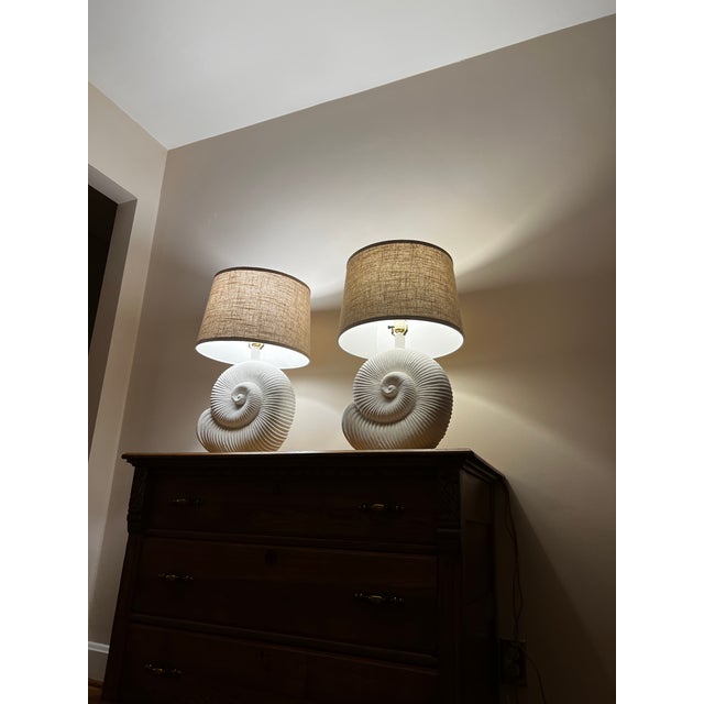 Vintage Spiral Shell Table Lamps With Linen Drum Shades - A Pair For Sale - Image 9 of 18