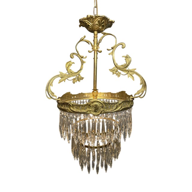 Antique Brass and Crystal Cascading Chandelier For Sale
