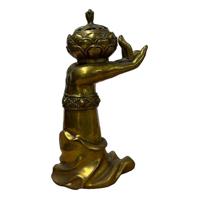 Vintage Brass Metal Color Buddha Hand Lotus Incense Holder Art Figure For Sale