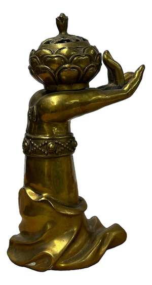 Vintage Brass Metal Color Buddha Hand Lotus Incense Holder Art Figure