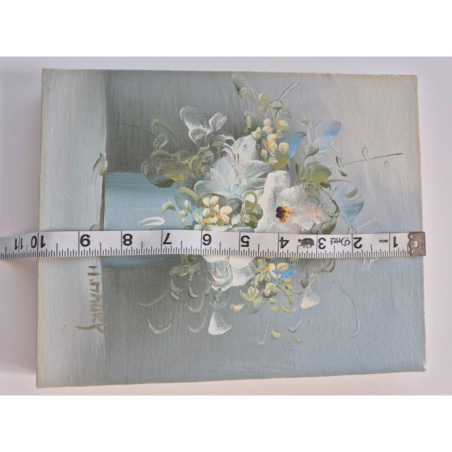 Textile Vintage Original Painting on Canvas Floral Blue White Green Unframed Signed For Sale - Image 7 of 8