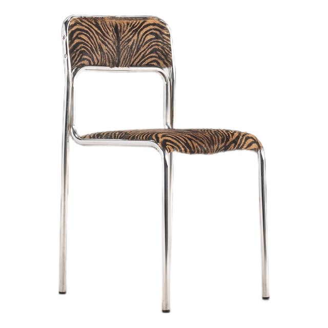 Italian Mid Century Modern Single Chrome Chair With Hair on Hide Seats Attributed to Otto Gerdau, Italy, Circa1970's For Sale
