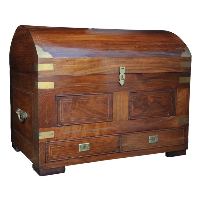 19th Century Anglo Indian Rosewood & Brass French Polished Domed Two Drawer Dowry Chest, 1890s For Sale