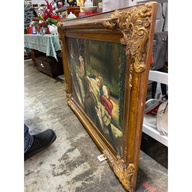 Brown Mid 20th Century Le Blanc De Jardin (The Garden Bench) by James Tissot Oil on Canvas Reproduction by "Raymond" For Sale - Image 8 of 9