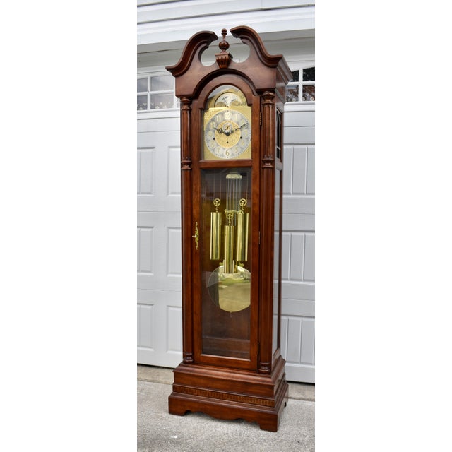 Ridgeway Grandfather Clock Wood Brass Dial Moving Moon Phase Windsor Cherry For Sale - Image 16 of 18