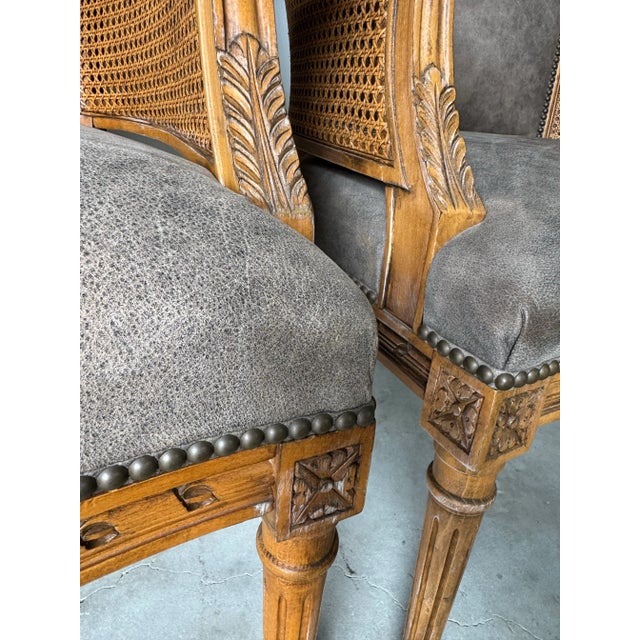 1980s Vintage Century Furniture Louis XVI–Style Double Cane and Leather Club Chairs – A Pair For Sale - Image 5 of 12