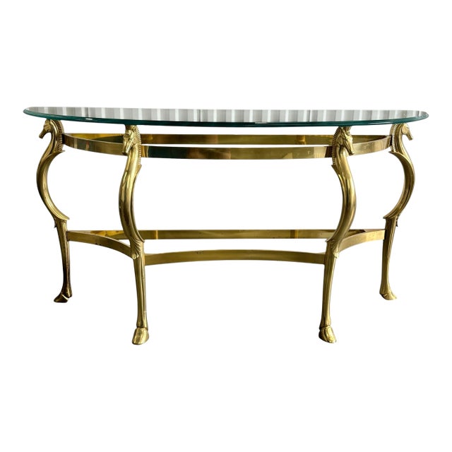 Vintage Brass Sea Horse and Glass Demi Lune Console Table For Sale