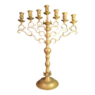 Rare 19thC Antique Polish Brass Menorah Large 22.7" 7 Branch Synagogue Knops For Sale