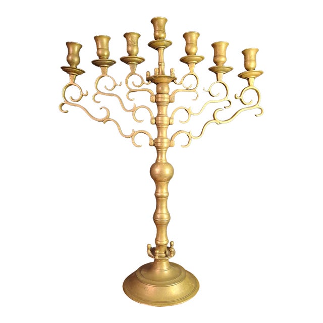 Rare 19thC Antique Polish Brass Menorah Large 22.7" 7 Branch Synagogue Knops For Sale