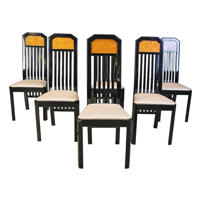 Vintage Burl Wood and Lacquer Dining Chairs, 1980s, Set of 6 For Sale