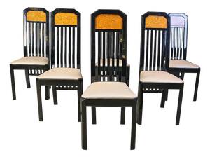 Vintage Burl Wood and Lacquer Dining Chairs, 1980s, Set of 6