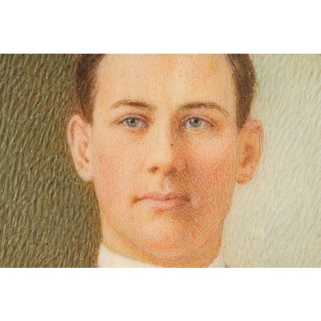 Early 20th Century Art Antique Portrait Miniature Painting Young Man Portrait in Ornate Brass Frame Home Decor For Sale - Image 4 of 16