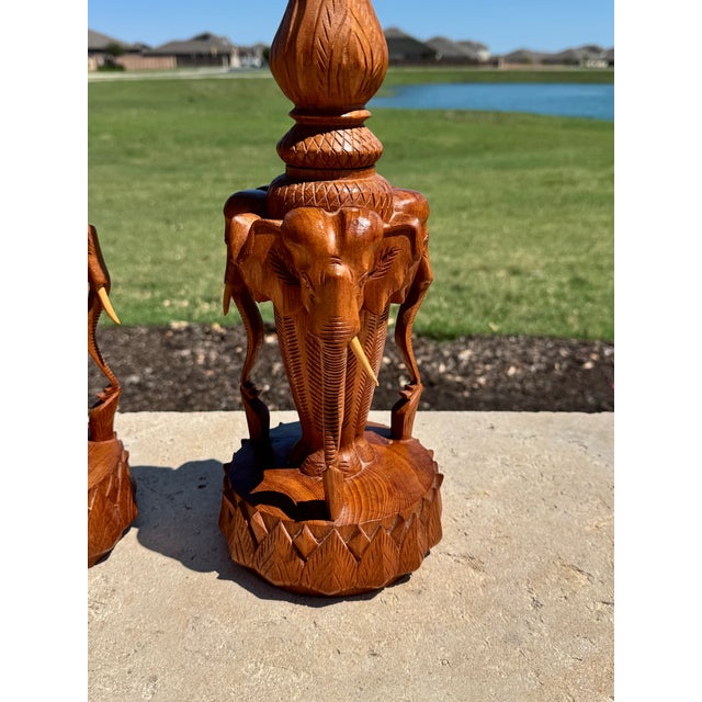 Figurative C. 1960s Mid Century Pair Carved Teakwood Elephant & Lotus Form Table Lamps For Sale - Image 3 of 6