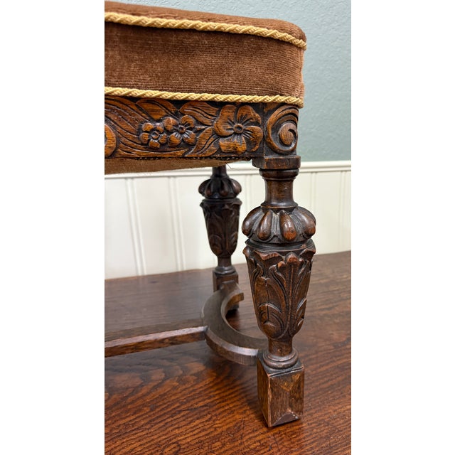 Antique English Jacobean Upholstered Bench Stool Carved Oak C. 1930s For Sale - Image 12 of 16