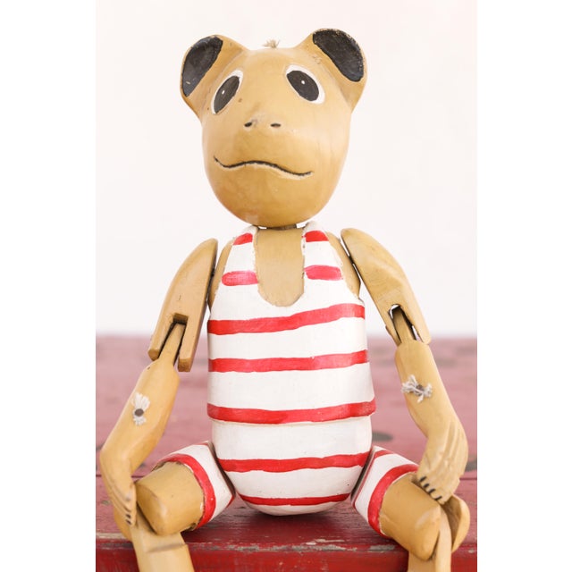 Nautical Vintage Wooden Teddy Bear Jointed Red & White Nursery Shelf Sitter Hand Carved Folk Art For Sale - Image 3 of 14