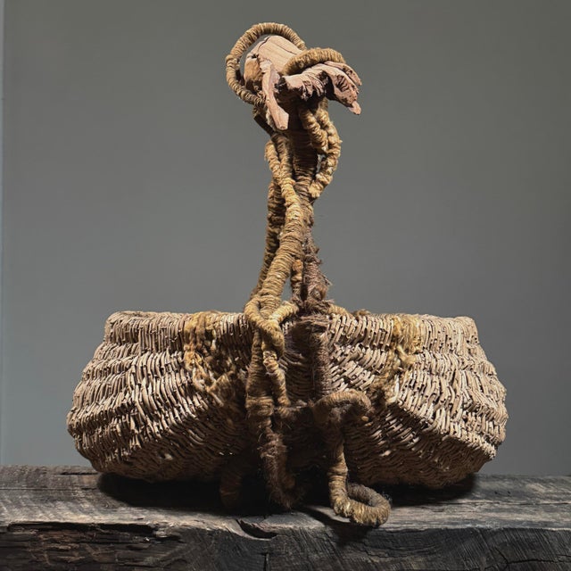 Mid-Century Modern Large Vintage Surrealist Folk Art Buttocks Basket With Driftwood and Yarn Handle For Sale - Image 3 of 11