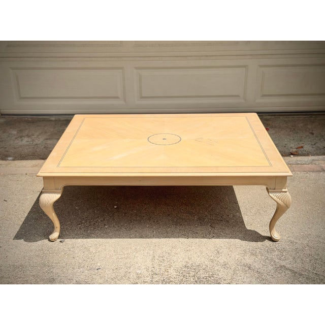 Oversized Vintage Pickled Cherry Inlaid Coffee Table With Cabriole Legs For Sale - Image 10 of 11