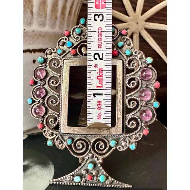 Vintage Sterling Silver Taxco Picture Frame, Turquoise Coral Amethyst Gemstones For Sale - Image 9 of 12