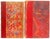 Elegant set of 7 antique red and gilt leather-bound French books with distressed bindings and covers. Some have marbelized...