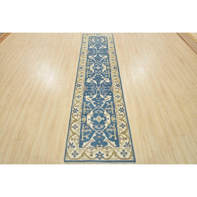 Tribal Oushak Runner 2’7” X 9’10” Blue Wool Tribal Hand-Knotted Oriental Rug For Sale - Image 3 of 13