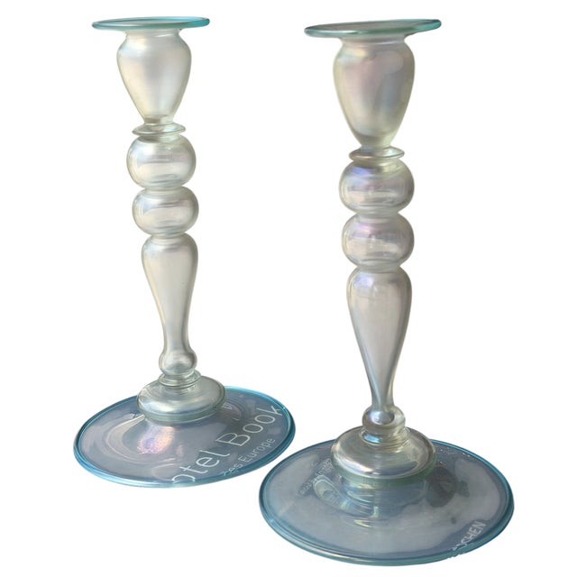 1930s Pair of Steuben Glass Verre De Soie Candlestick Aquamarine Blue Trim For Sale - Image 5 of 5