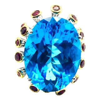 Bochic "Orient" Vintage Swiss Blue Topaz & Rubies Set In 18K Gold & Silver For Sale