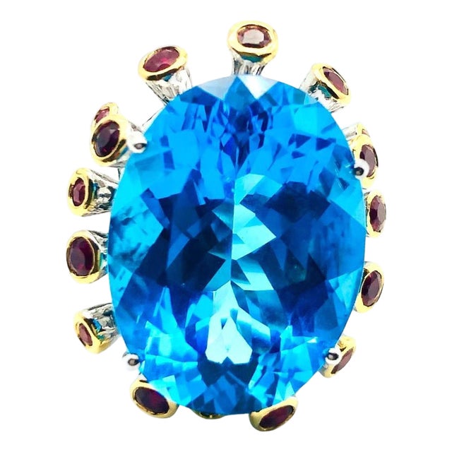 Bochic "Orient" Vintage Swiss Blue Topaz & Rubies Set In 18K Gold & Silver For Sale