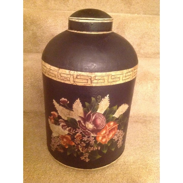 English Black Floral Design Tea Caddy For Sale - Image 4 of 13