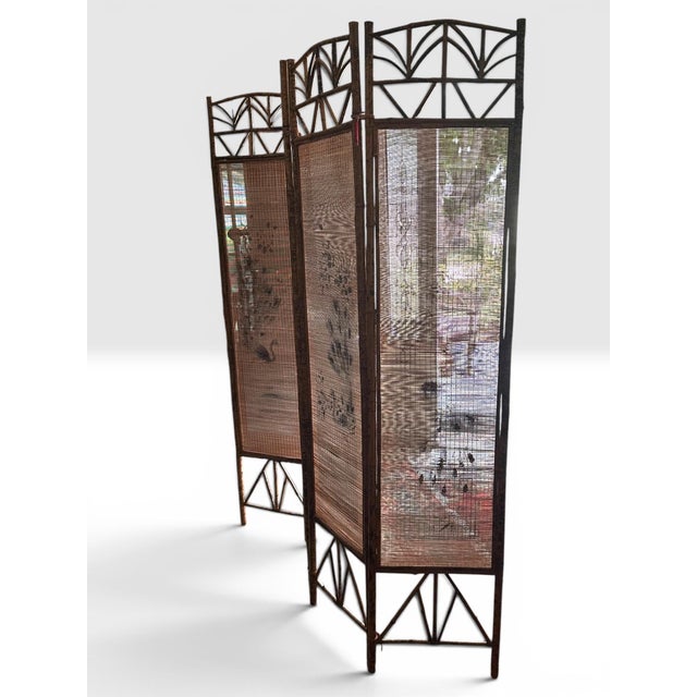 Cerulean Mid-Century Hand Painted Peacocks Folding Room Divider Screen Tortoise Finish Bamboo. Bohemian, Tiki, Eclectic, Asian Style. For Sale - Image 8 of 16