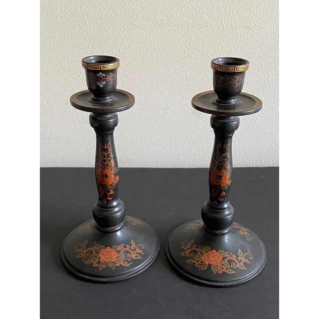 Paint 1910s Japanese Lacquer Candlesticks With Gilt Floral Decoration - Pair For Sale - Image 7 of 7