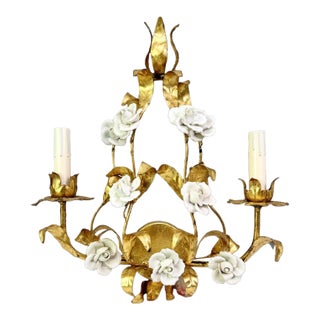 1960s Italian Tole Wall Sconce With Porcelain Roses For Sale