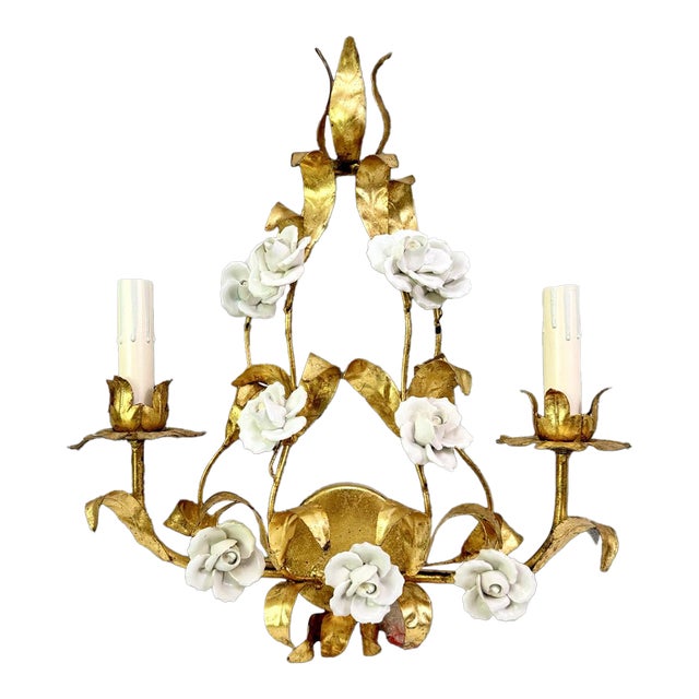 1960s Italian Tole Wall Sconce With Porcelain Roses For Sale