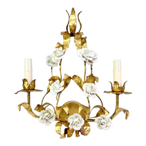 1960s Italian Tole Wall Sconce With Porcelain Roses
