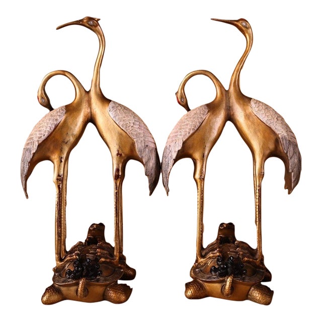 1980s Pair of Gilt & Silvered Bronze Tortoise Crane Longevity Statues For Sale