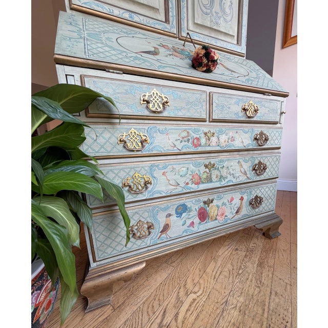 Chinoiserie Painted Chinoiserie Style Antique Sage Green Floral Secretary Desk For Sale - Image 3 of 18