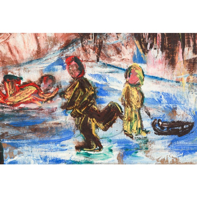 Impressionist Large Mid-Century Oil on Canvas "Ice Skaters in the Park" For Sale - Image 3 of 6