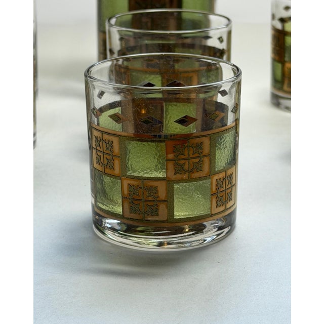 Vintage Mid-Century Modern Green & Gold Geometric Martini Pitcher & Glasses – 8-Piece Set For Sale - Image 9 of 15