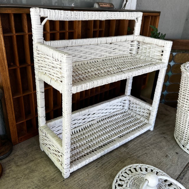 Rustic Vintage White Wicker Bathroom Set | Shelf Towel Rings Wastebasket | Rustic Boho Cottagecore Decor For Sale - Image 3 of 8