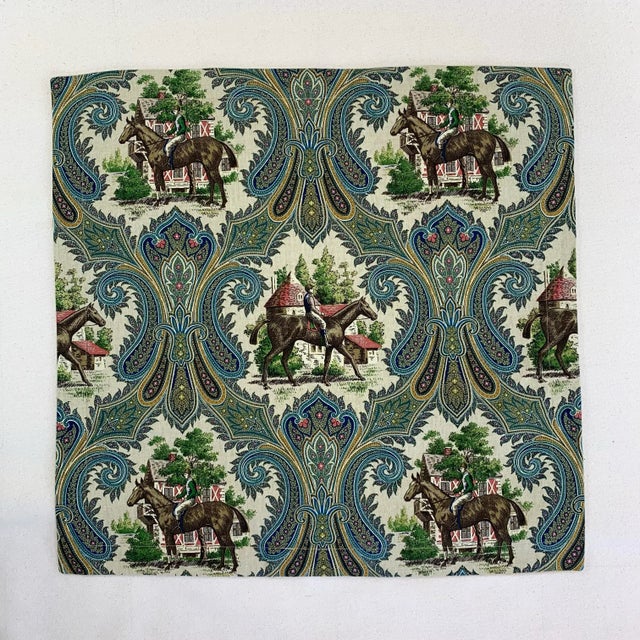 English Designer P Kaufmann Teal Tan Green Horse Jockey Equestrian Paisley Toile Pillow Covers- Pair 25" For Sale - Image 3 of 6