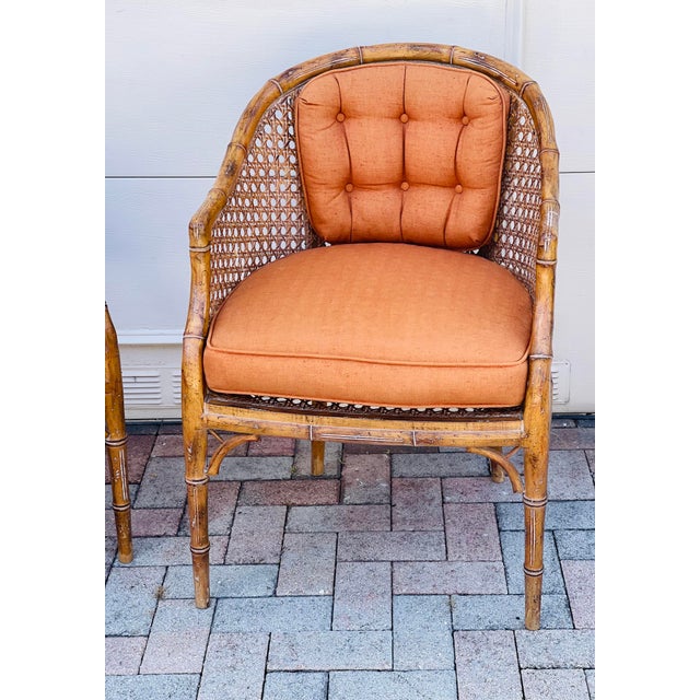 1950s Vintage Faux Bamboo Caned Barrel Armchairs Pair McGuire Style For Sale - Image 5 of 5