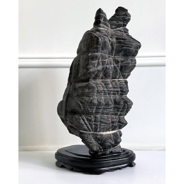 Rare Chinese Antique Black and White Lingbi Scholar Stone on Display Stand For Sale - Image 17 of 18