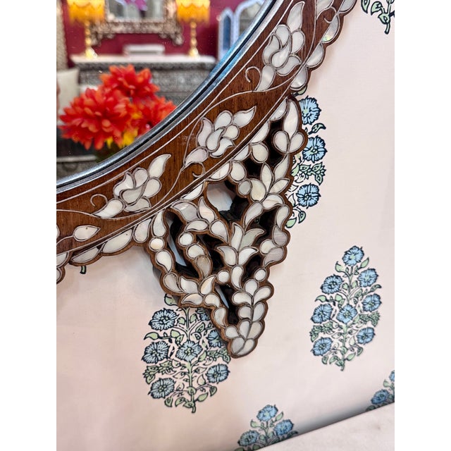 Wood Oval Mother of Pearl Inlaid Ornate Mirror For Sale - Image 7 of 8