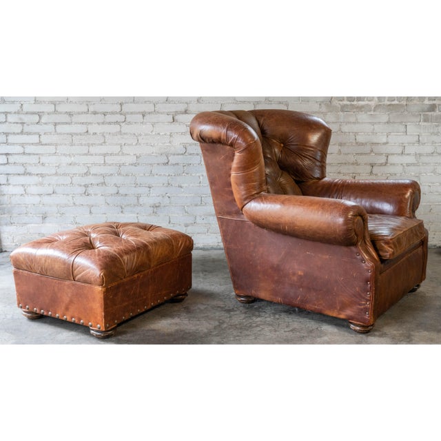 Restoration Hardware Churchill Cigar Leather Luxe Writer's Chair and Ottoman For Sale - Image 10 of 13