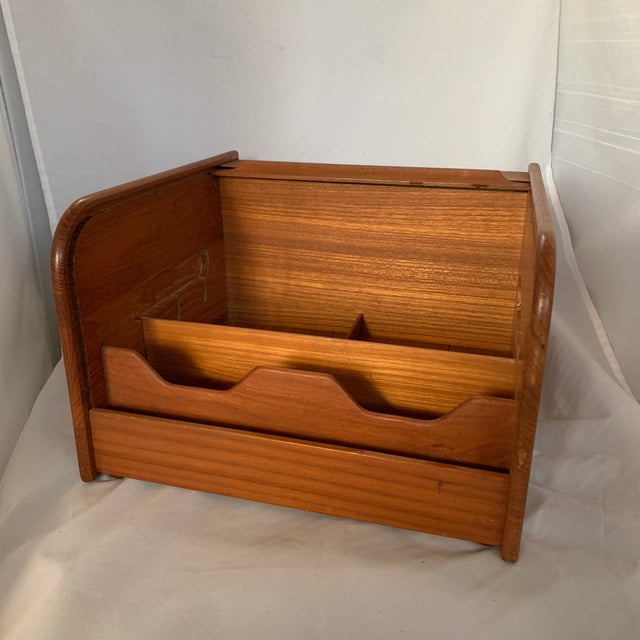 Vintage CD & Cassette Storage Filing Teak Wood Box Roll Top Tambour Door MCM Danish Style Set
