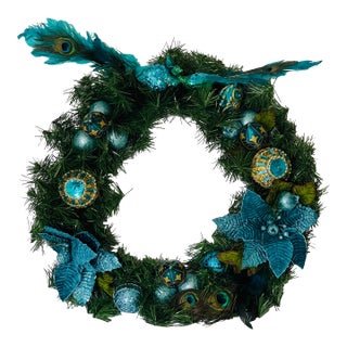 Peacock Blue Christmas Wreath Artisan Same Day Shipping For Sale