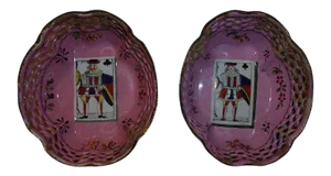 18th Century Pink Battersea Enamel Dishes Decorated with Playing Cards Greta Garbo Provenance - a Pair