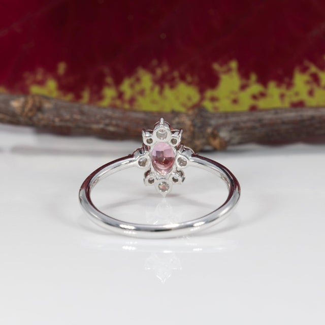 Pink Aaa Padparadscha Sapphire Ring With Natural Diamonds: Solid 14k Gold, Oval 6x4mm, Size 6.75 For Sale - Image 8 of 9