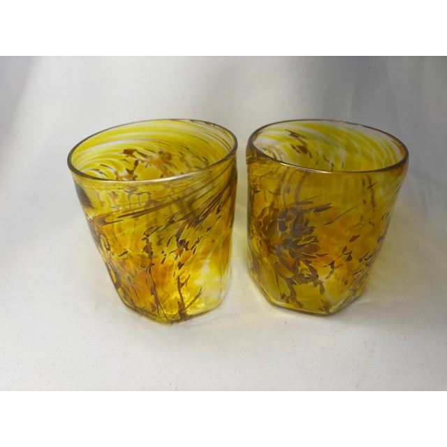 Mid-Century Modern Vintage Murano Goti De Fornasa Amber Yellow & Brown Swirl Art Glass Tumblers — Pair For Sale - Image 3 of 12